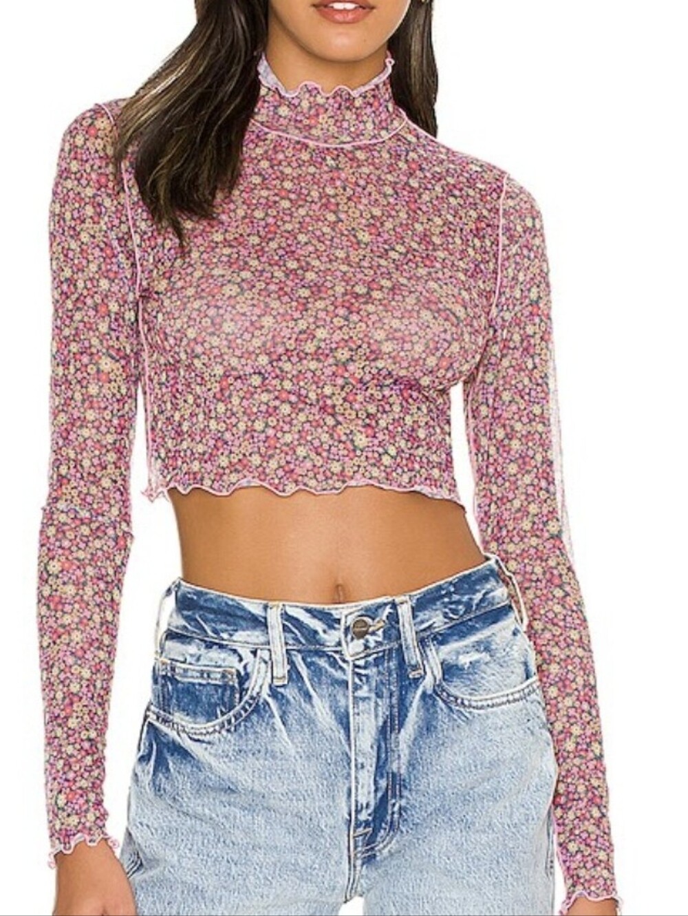 For Love & Lemons Nadia Sheer Mesh Floral Long Sleeve Crop Top Size Medium